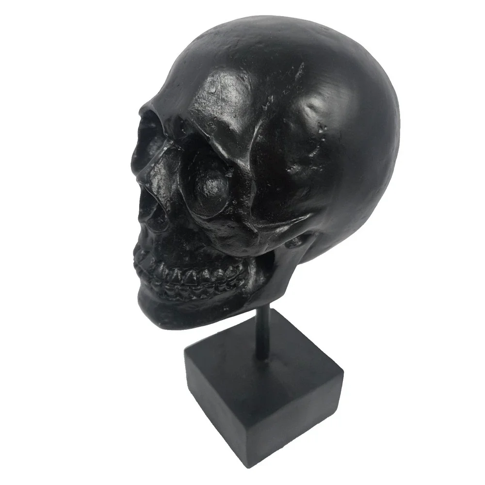 Black Skull Bust Statue on Stand Gothic Halloween Decor Resin Tabletop Display